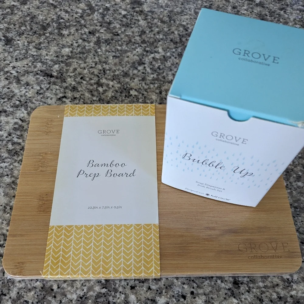Grove Bamboo Prep Board And Bubble Up Dish Soap Dispenser & Brush